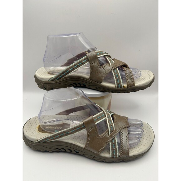 Skechers Reggae Soundstage Women's 9 Taupe Leather Toe Post Slide Sandals 46720 - Picture 3 of 8